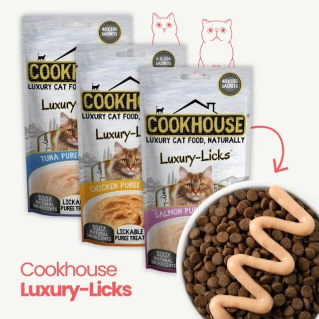 Treat time, made simple ♥️

Cookhouse Luxury-Licks are made with 100% natural ingredients and can be enjoyed straight from the sachet, served in a bowl or added to your cat’s food for an extra boost of flavour.

Available in Tuna, Chicken and Salmon.